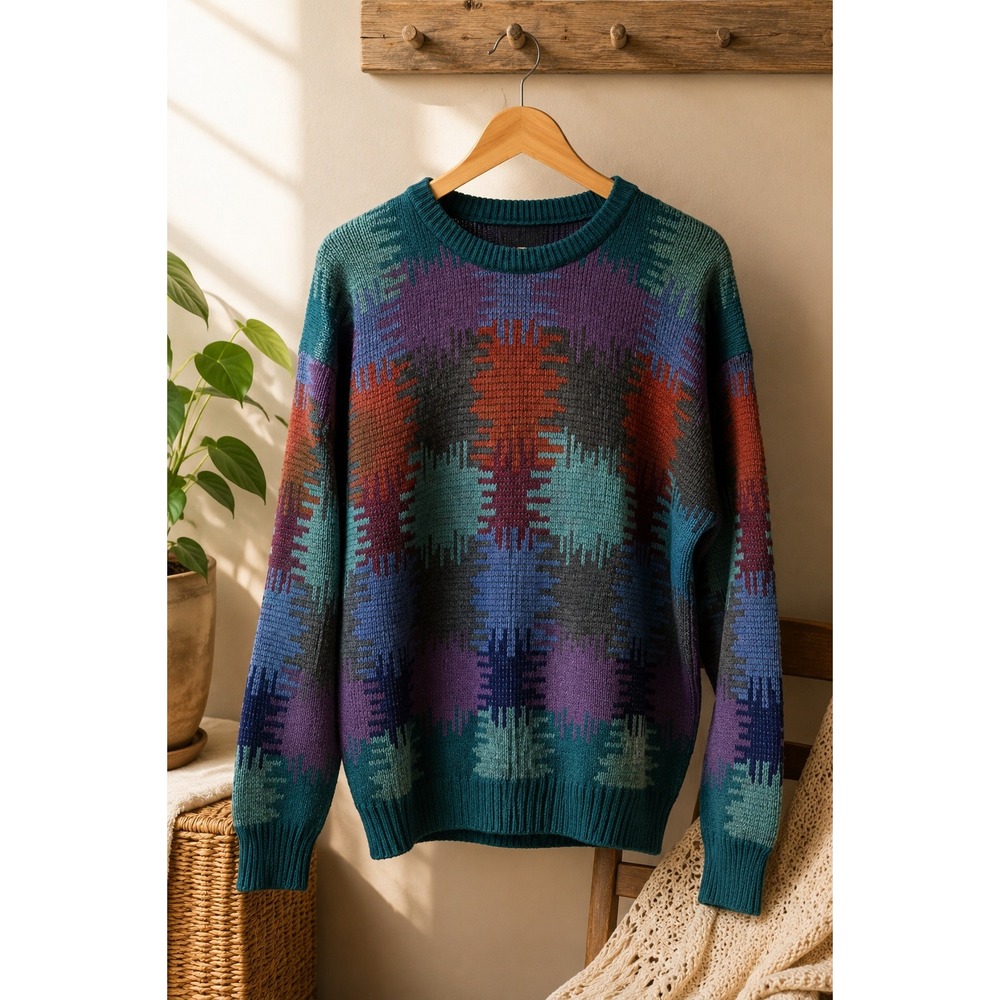 Vintage 90s Geometric Grandpa Sweater Teal Purple Made in Canada L Southwestern